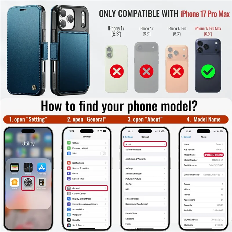 CASEME 053 para iPhone 17 Pro Max Funda Magnética con Bloqueo RFID, Cartera de Cuero Plegable - Azul