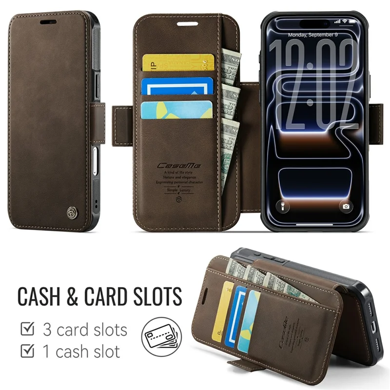 CASEME 053 para iPhone 17 Pro Max Funda Magnética con Bloqueo RFID, Funda Tipo Cartera de Cuero para Teléfono - Café