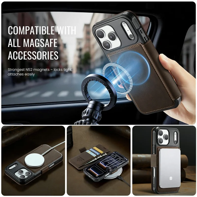CASEME 053 para iPhone 17 Pro Max Funda Magnética con Bloqueo RFID, Funda Tipo Cartera de Cuero para Teléfono - Café