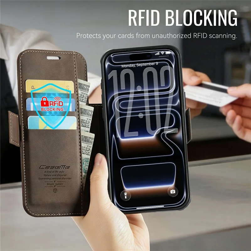 CASEME 053 para iPhone 17 Pro Max Funda Magnética con Bloqueo RFID, Funda Tipo Cartera de Cuero para Teléfono - Café