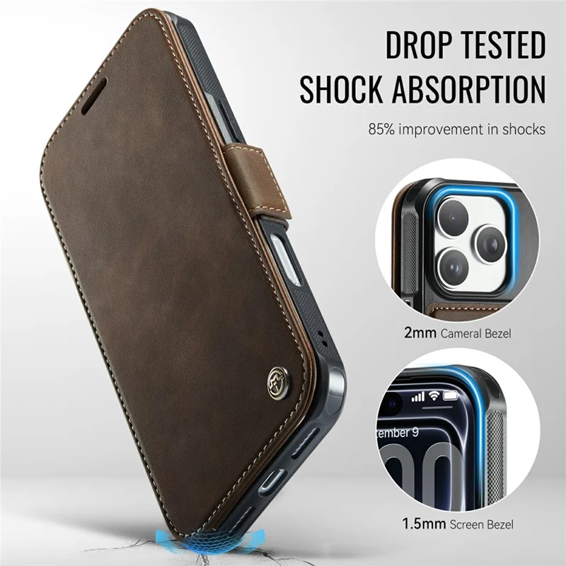 CASEME 053 para iPhone 17 Pro Max Funda Magnética con Bloqueo RFID, Funda Tipo Cartera de Cuero para Teléfono - Café