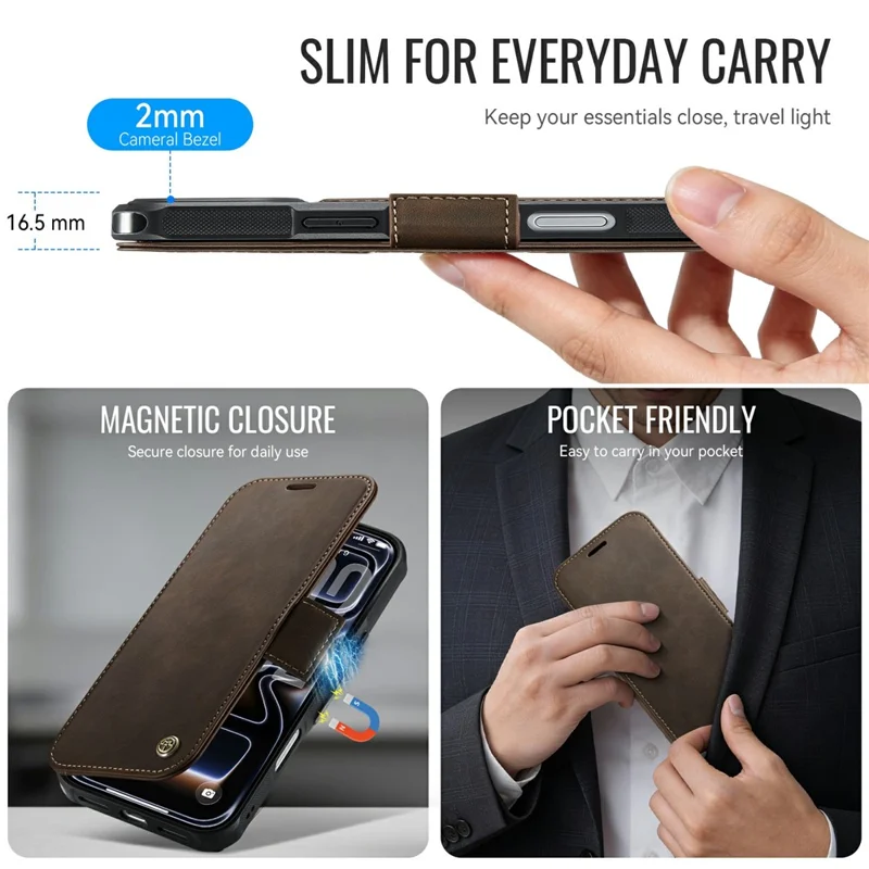 CASEME 053 para iPhone 17 Pro Max Funda Magnética con Bloqueo RFID, Funda Tipo Cartera de Cuero para Teléfono - Café