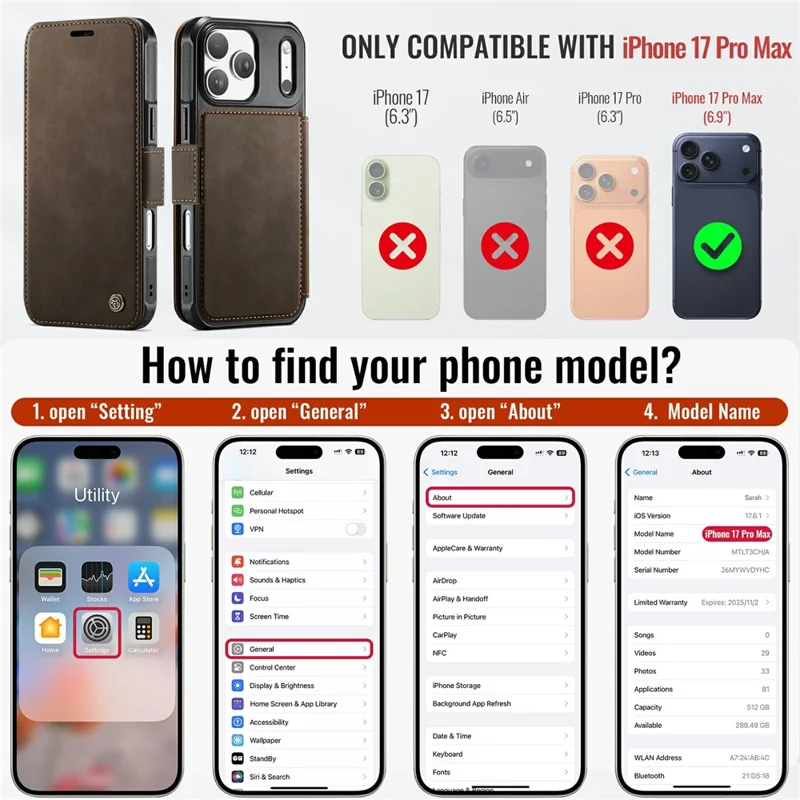 CASEME 053 para iPhone 17 Pro Max Funda Magnética con Bloqueo RFID, Funda Tipo Cartera de Cuero para Teléfono - Café