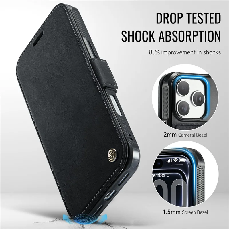 CASEME 053 para iPhone 17 Pro Max Funda Magnética con Bloqueo RFID, Funda Tipo Cartera de Cuero - Negro