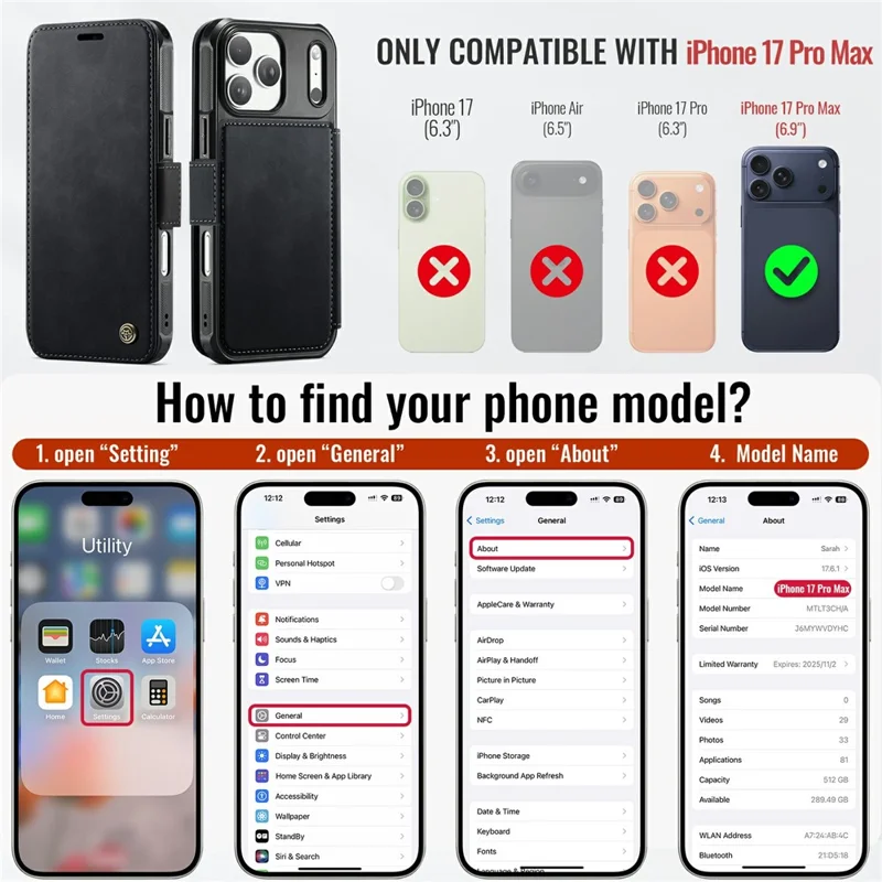 CASEME 053 para iPhone 17 Pro Max Funda Magnética con Bloqueo RFID, Funda Tipo Cartera de Cuero - Negro