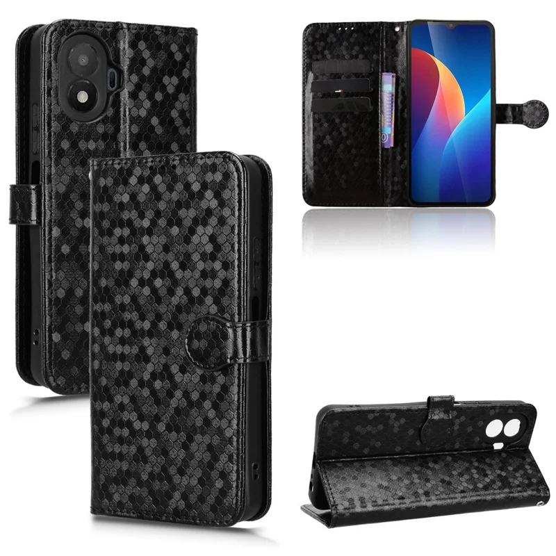 Cover portafoglio con motivo a punti in ecopelle per TCL K70 5G con tracolla - Nero