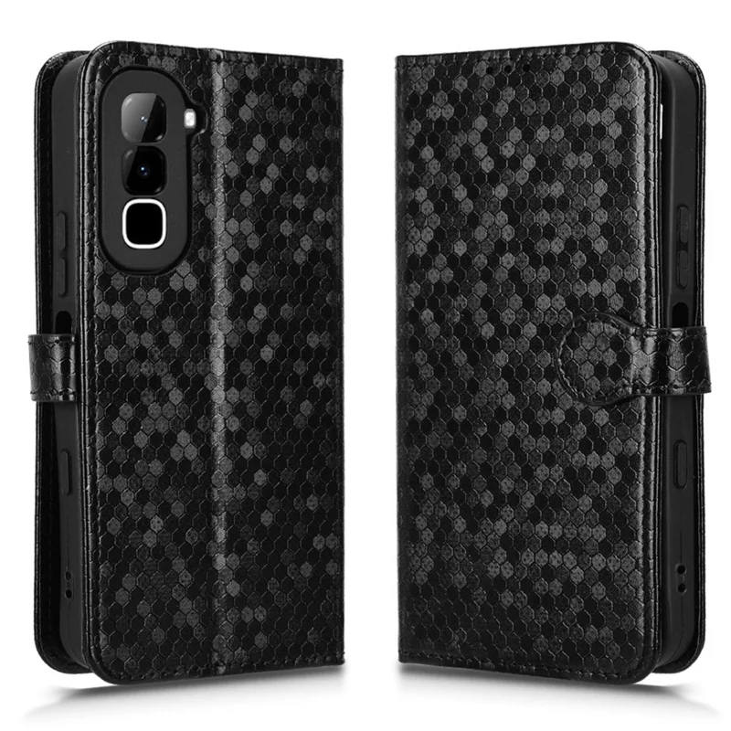 Étui portefeuille pour Infinix Hot 70 avec motif à pois, housse en cuir PU avec dragonne - Noir