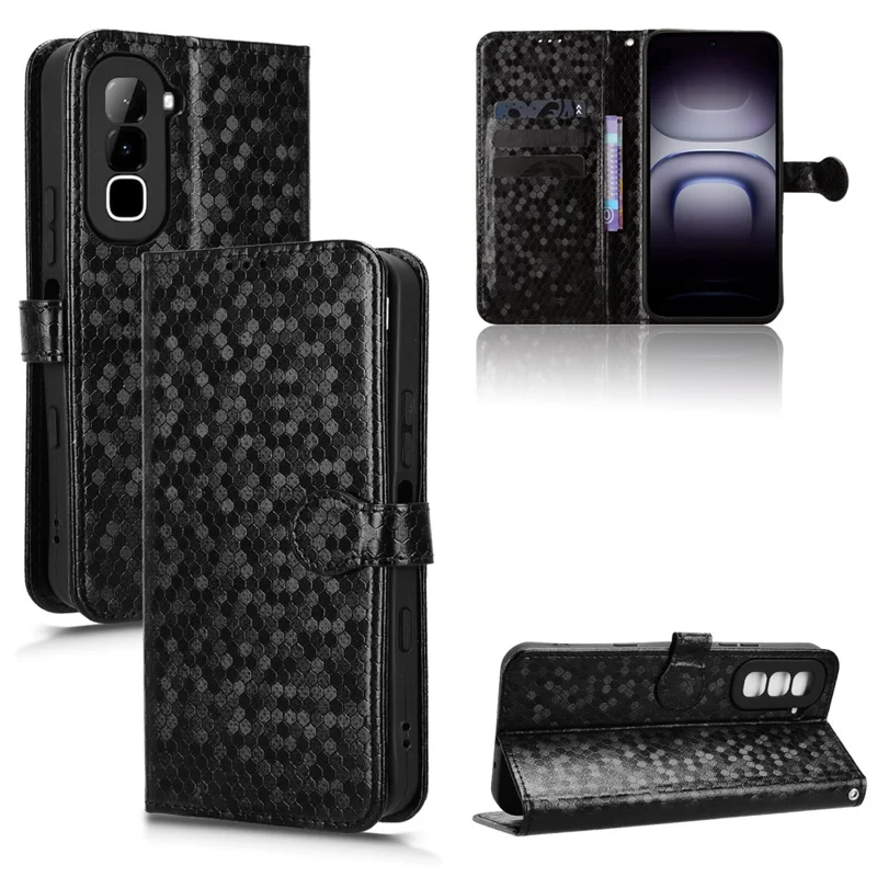 Étui portefeuille pour Infinix Hot 70 avec motif à pois, housse en cuir PU avec dragonne - Noir