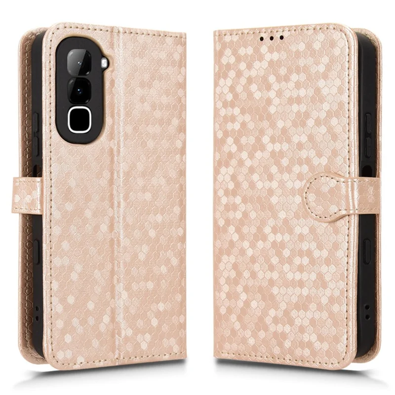 Funda tipo cartera para Infinix Hot 70 con estampado de puntos, carcasa de cuero PU con correa para muñeca - Dorado rosa