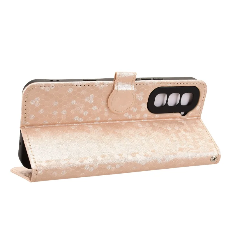 Funda tipo cartera para Infinix Hot 70 con estampado de puntos, carcasa de cuero PU con correa para muñeca - Dorado rosa