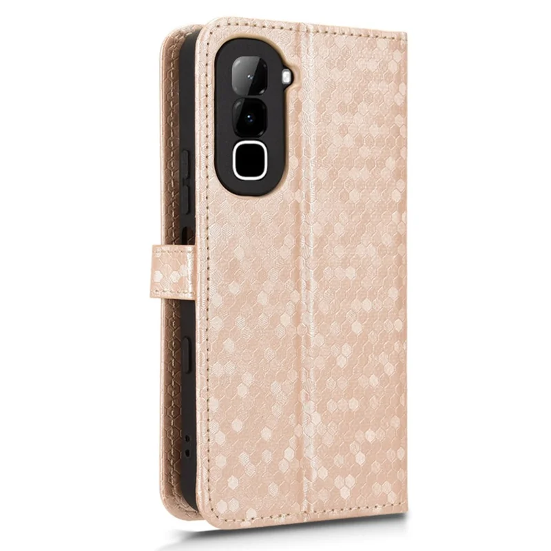 Funda tipo cartera para Infinix Hot 70 con estampado de puntos, carcasa de cuero PU con correa para muñeca - Dorado rosa