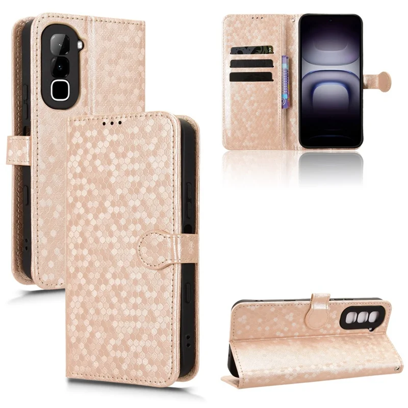 Funda tipo cartera para Infinix Hot 70 con estampado de puntos, carcasa de cuero PU con correa para muñeca - Dorado rosa