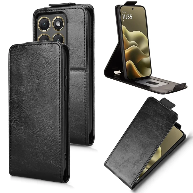 For Motorola Edge (2026) stående hylse med magnetlås, lodret flip, læderdæksel med kortlomme - Sort