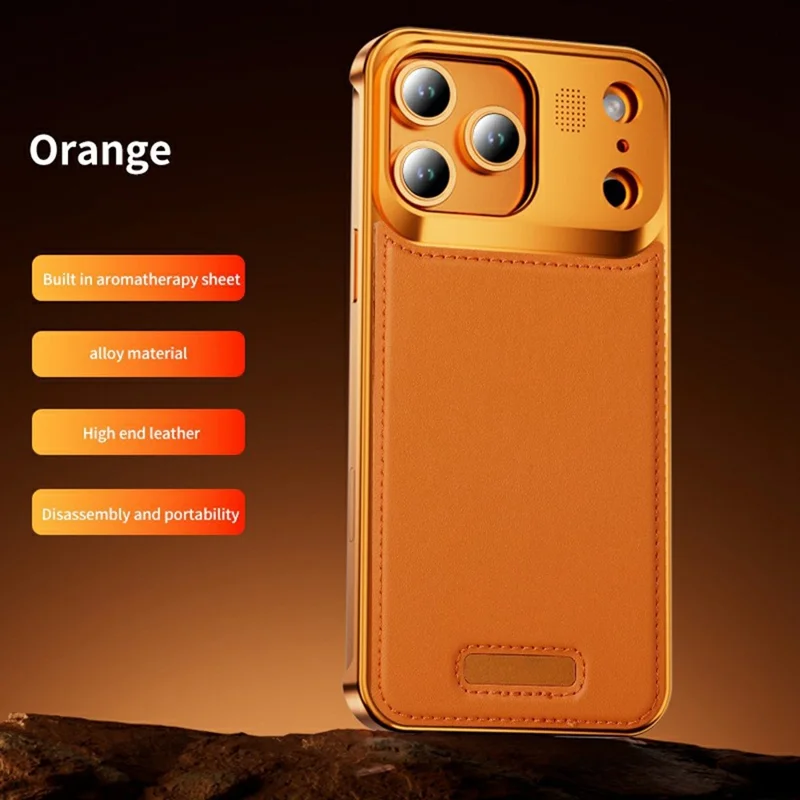 Funda magnética para iPhone 17 Pro Max con borde de cuero PU y metal, cubierta sin marco con tableta de aromaterapia - Naranja