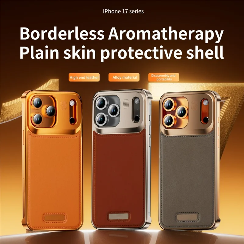 Funda magnética para iPhone 17 Pro Max con borde de cuero PU y metal, cubierta sin marco con tableta de aromaterapia - Naranja