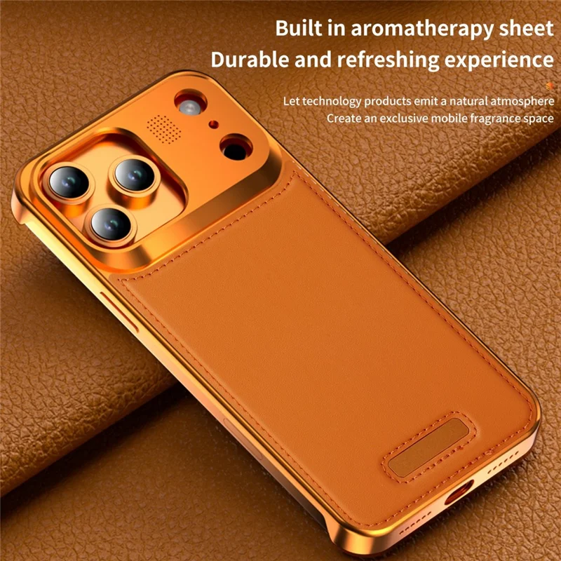 Funda magnética para iPhone 17 Pro Max con borde de cuero PU y metal, cubierta sin marco con tableta de aromaterapia - Naranja