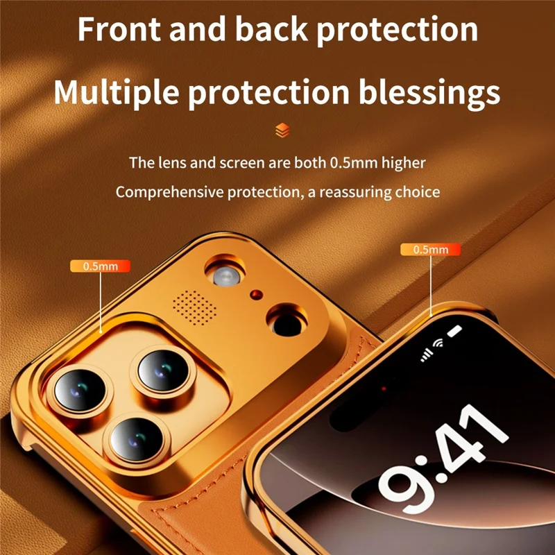 Funda magnética para iPhone 17 Pro Max con borde de cuero PU y metal, cubierta sin marco con tableta de aromaterapia - Naranja