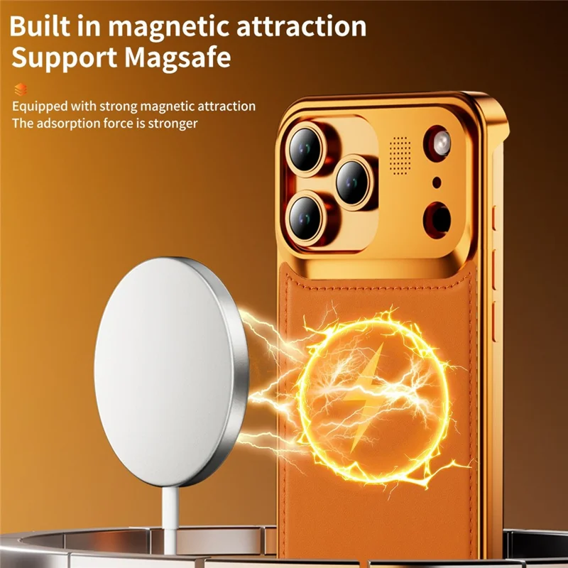 Funda magnética para iPhone 17 Pro Max con borde de cuero PU y metal, cubierta sin marco con tableta de aromaterapia - Naranja