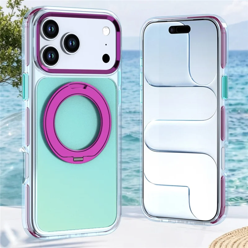 Funda para iPhone 18 Pro Max con soporte giratorio y anillo magnético, carcasa transparente TPU + PC con contraste de color - Azul