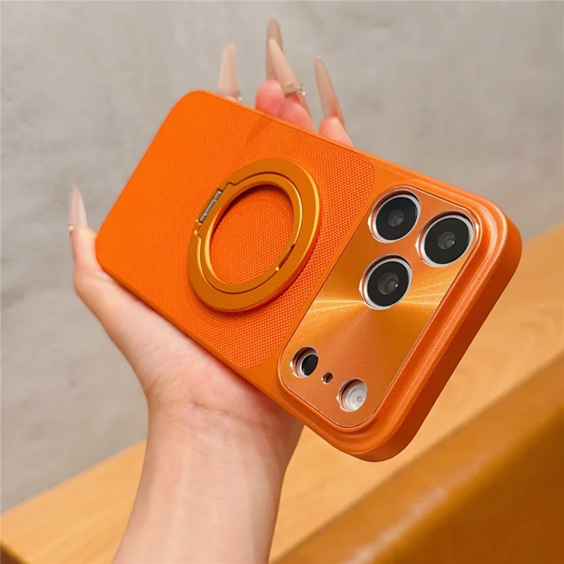 For iPhone 17 Pro Max Magnetic Case Ring Kickstand Tech Fabric Coated PC + TPU Phone Back Cover with Tempered Glass Screen Protector - Orange