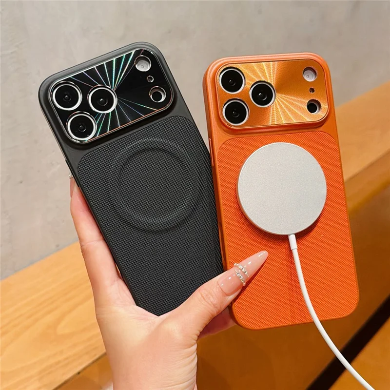 For iPhone 17 Pro Max Magnetic Case Ring Kickstand Tech Fabric Coated PC + TPU Phone Back Cover with Tempered Glass Screen Protector - Orange