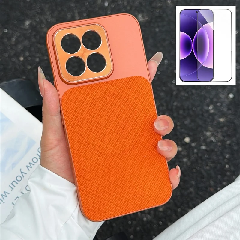For Xiaomi 17 Max Magnetic Case Ring Kickstand Tech Fabric Coated PC + TPU Phone Back Cover with Tempered Glass Screen Protector - Orange