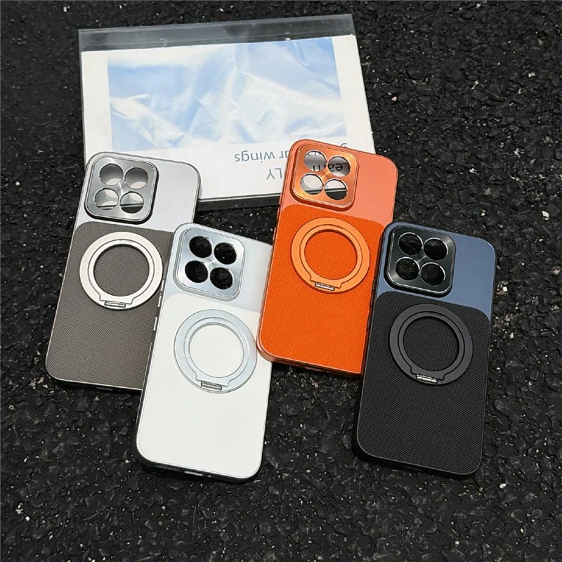 For Xiaomi 17 Max Magnetic Case Ring Kickstand Tech Fabric Coated PC + TPU Phone Back Cover with Tempered Glass Screen Protector - Orange