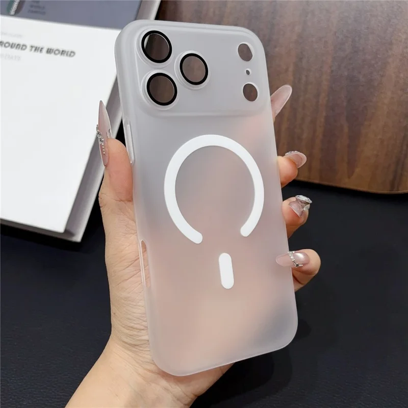 For iPhone 17 Pro Magnetic Case with Camera Lens Protector Matte PC Shockproof Phone Cover + Tempered Glass Screen Protector - Transparent White