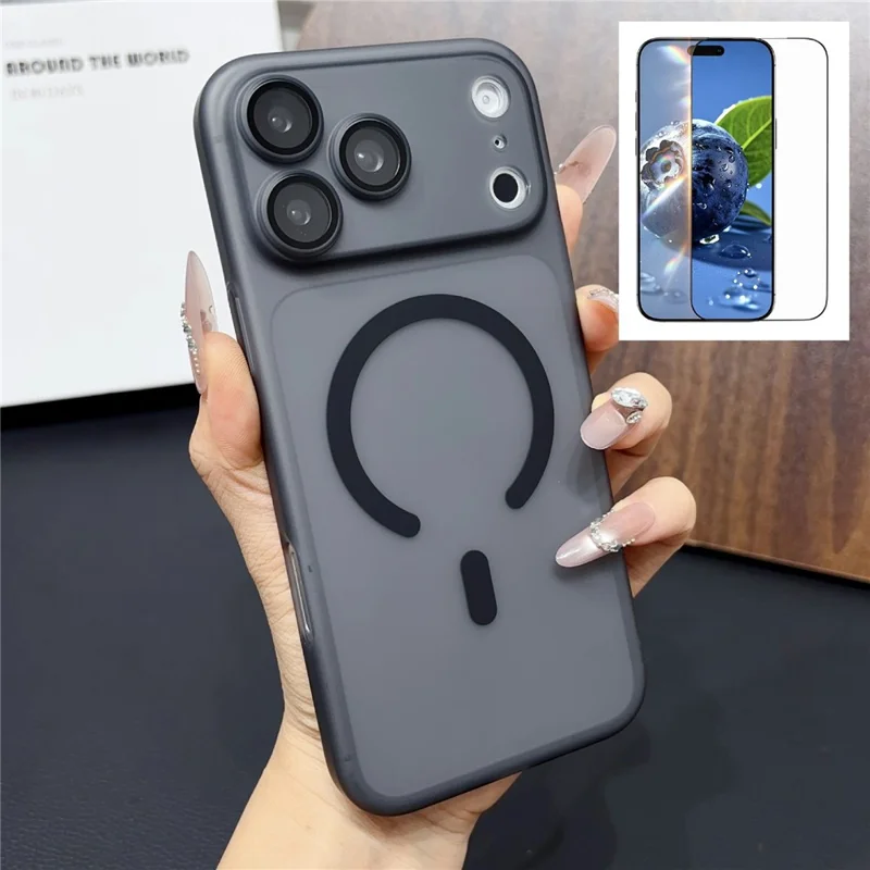 Чехол магнитный для iPhone 17 Pro Max с защитой объектива камеры, матовый ударопрочный чехол из поликарбоната + защитная пленка из закаленного стекла — прозрачный черный