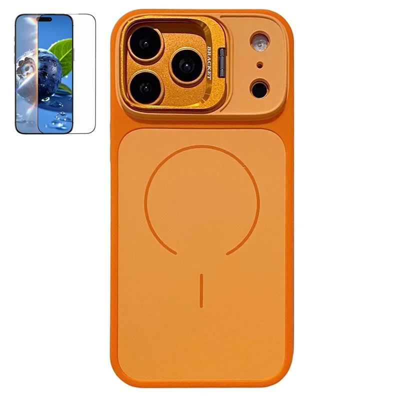 For iPhone 17 Pro Max Magnetic Case Hidden Camera Kickstand PC + TPU Phone Cover with Tempered Glass Screen Protector - Orange