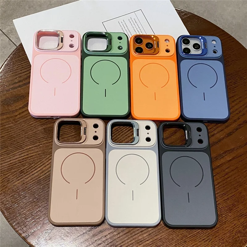 For iPhone 17 Pro Max Magnetic Case Hidden Camera Kickstand PC + TPU Phone Cover with Tempered Glass Screen Protector - Orange