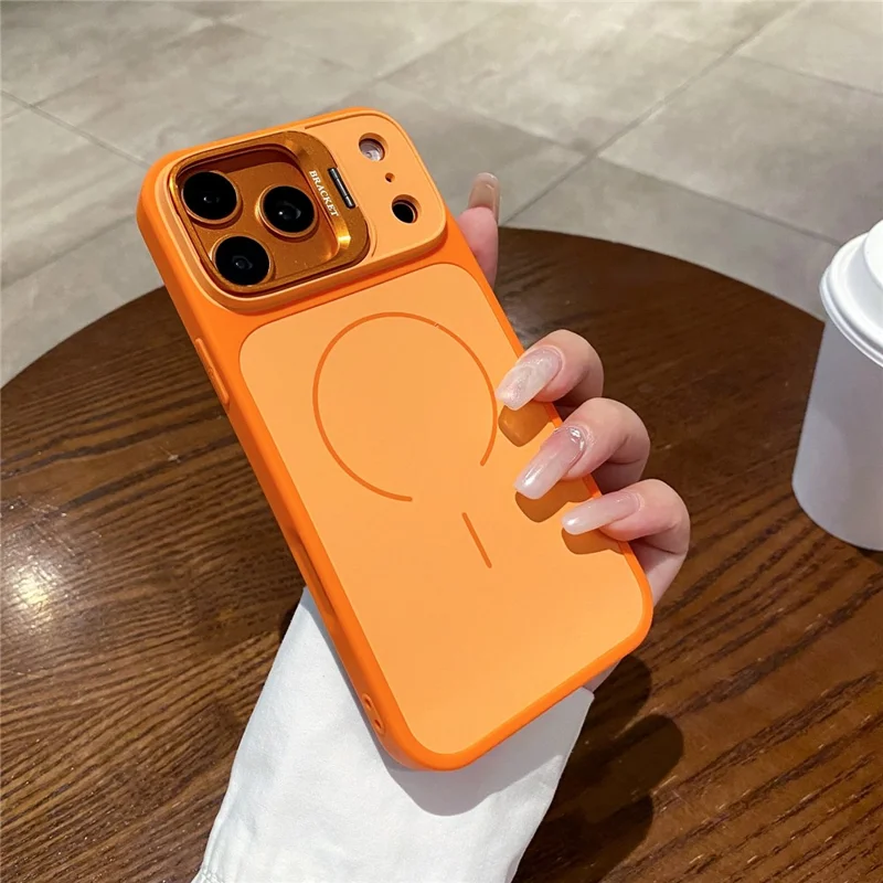 For iPhone 17 Pro Max Magnetic Case Hidden Camera Kickstand PC + TPU Phone Cover with Tempered Glass Screen Protector - Orange
