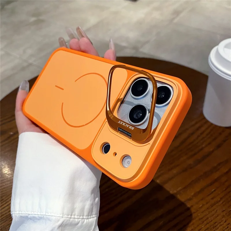 For iPhone 17 Pro Max Magnetic Case Hidden Camera Kickstand PC + TPU Phone Cover with Tempered Glass Screen Protector - Orange