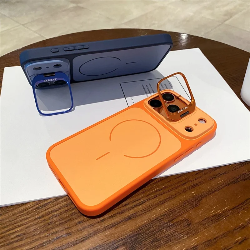 For iPhone 17 Pro Max Magnetic Case Hidden Camera Kickstand PC + TPU Phone Cover with Tempered Glass Screen Protector - Orange