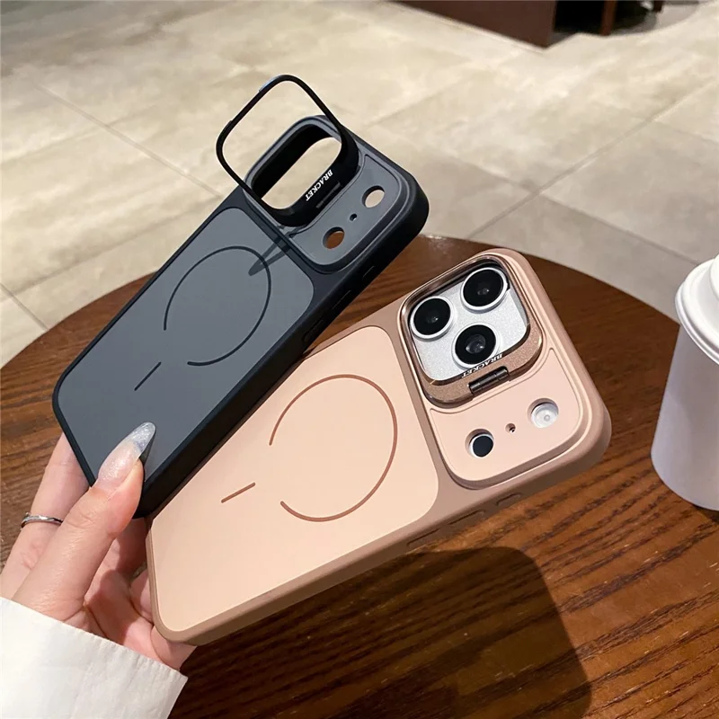 For iPhone 17 Pro Max Magnetic Case Hidden Camera Kickstand PC + TPU Phone Cover with Tempered Glass Screen Protector - Orange