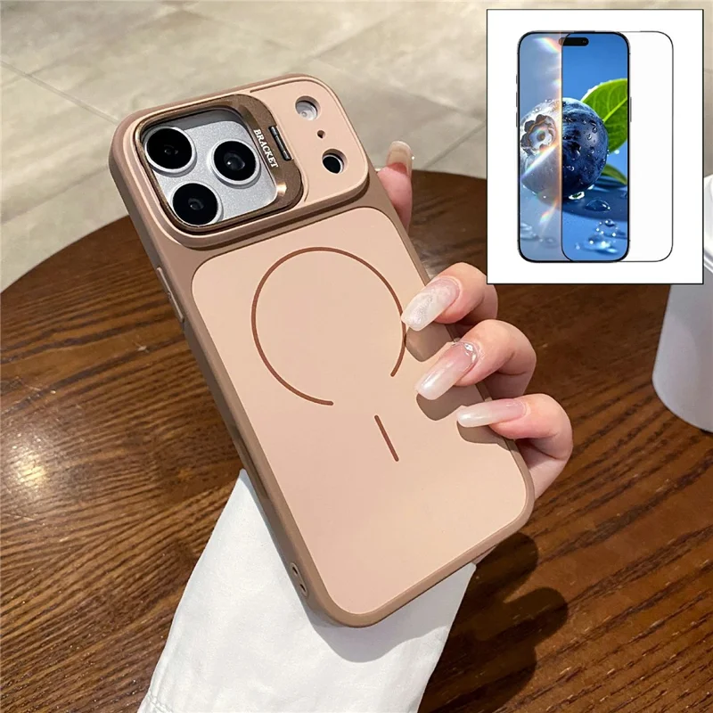 غطاء لهاتف iPhone 17 Pro مغناطيسي بتصميم كاميرا خفية وحامل قابل للإمالة، غطاء هاتف من مادة البولي كربونات + TPU مع واقي شاشة من الزجاج المُقَسّى - كاكي