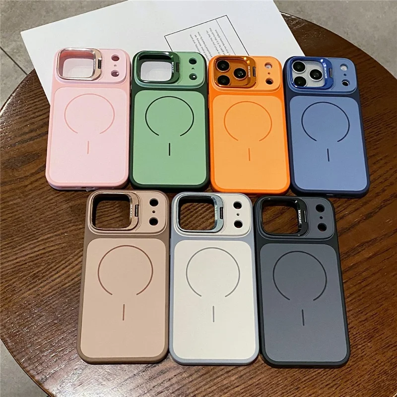 غطاء لهاتف iPhone 17 Pro مغناطيسي بتصميم كاميرا خفية وحامل قابل للإمالة، غطاء هاتف من مادة البولي كربونات + TPU مع واقي شاشة من الزجاج المُقَسّى - كاكي