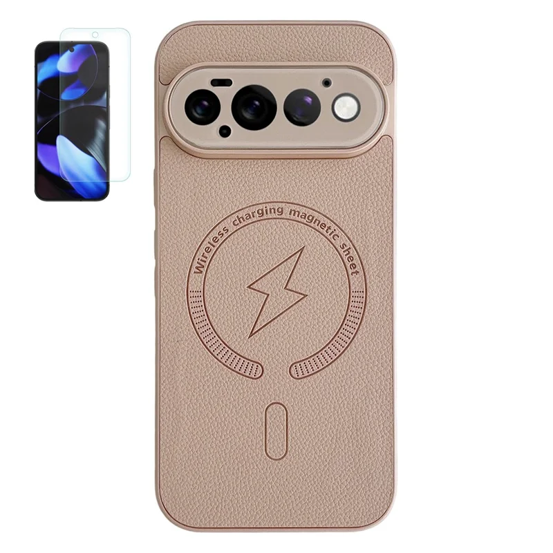 For Google Pixel 11 Pro Magnetic Case Litchi Texture Leather + PC + TPU Shockproof Phone Cover with Tempered Glass Screen Protector - Desert Gold