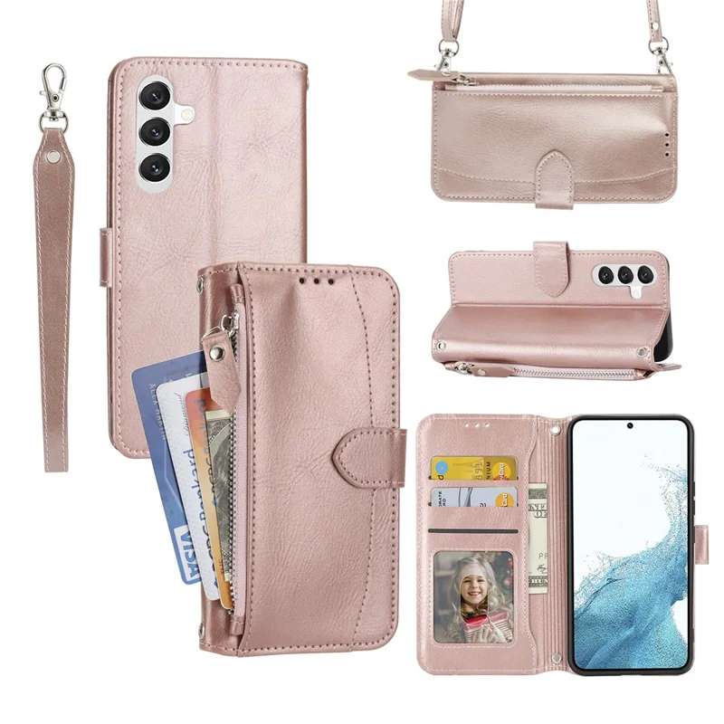 For Samsung Galaxy S26 FE Case Zipper Pocket Leather Phone Cover with Crossbody Shoulder Strap - Rose Gold - 1