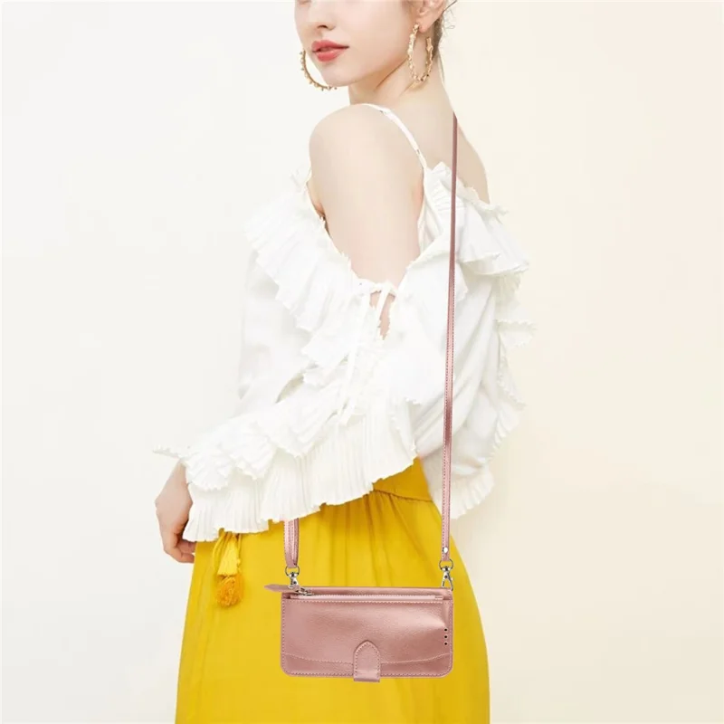 For Samsung Galaxy S26 FE Case Zipper Pocket Leather Phone Cover with Crossbody Shoulder Strap - Rose Gold - 11