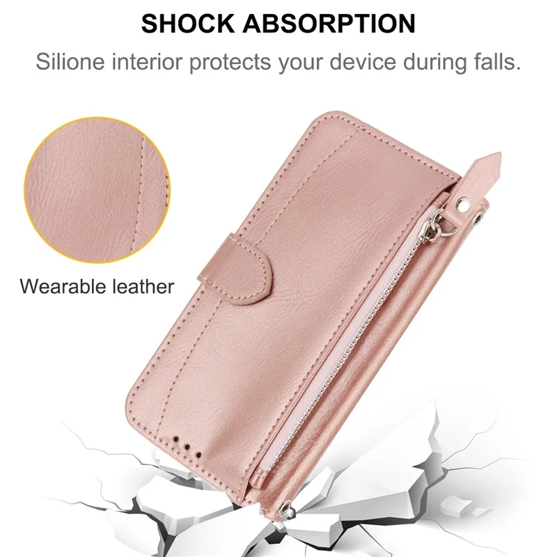 For Samsung Galaxy S26 FE Case Zipper Pocket Leather Phone Cover with Crossbody Shoulder Strap - Rose Gold - 7
