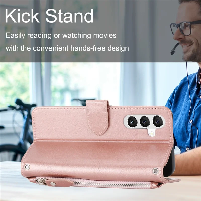 For Samsung Galaxy S26 FE Case Zipper Pocket Leather Phone Cover with Crossbody Shoulder Strap - Rose Gold - 9