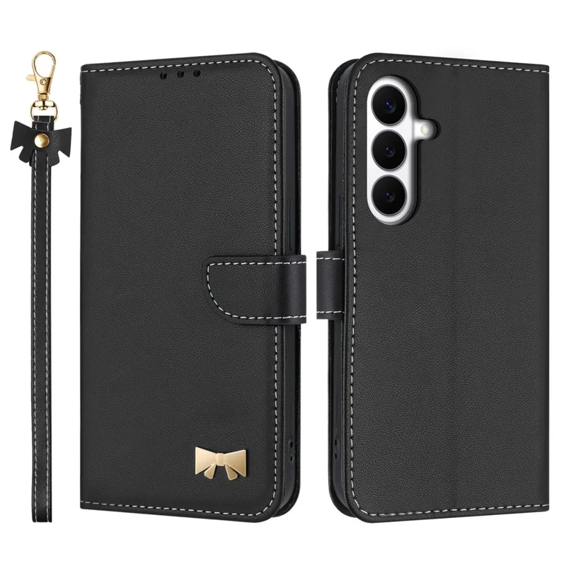 Funda para Samsung Galaxy S26 FE con Decoración de Lazos, Cartera de Cuero para Teléfono con Correa de Muñeca - Negro