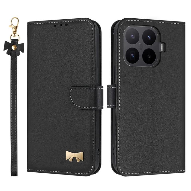 Funda para Xiaomi 17T Pro con decoración de lazo, carcasa de cuero tipo cartera con correa para muñeca - Negro