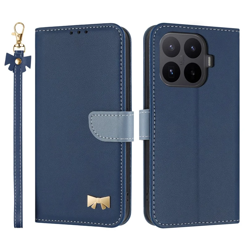 For Xiaomi 17T Pro Case Bowknot Decor Wallet Leather Phone Cover with Wrist Strap - Dark Blue