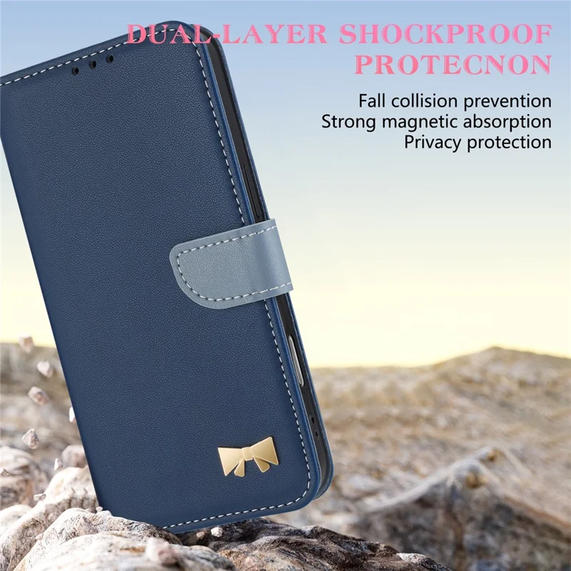 For Xiaomi 17T Pro Case Bowknot Decor Wallet Leather Phone Cover with Wrist Strap - Dark Blue