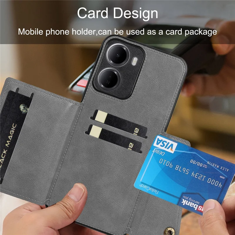 For Xiaomi Redmi 15a 5G Case with Card Slots Kickstand Leather + TPU Phone Cover - Grey