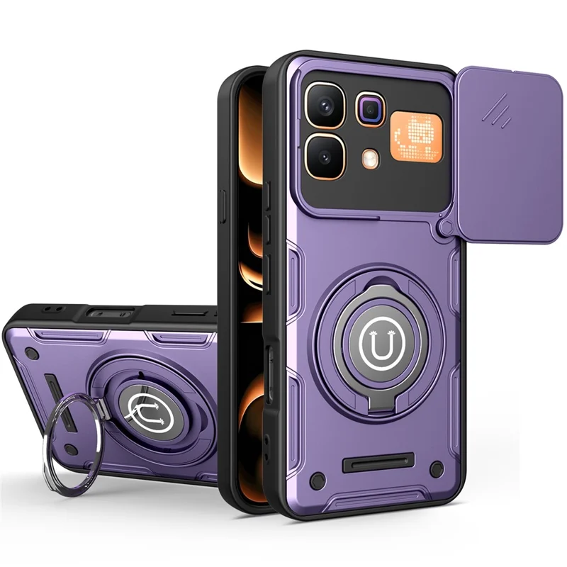 For Infinix Note 60 5G  /  60 Pro 5G Case with Slide Camera Cover Ring Kickstand PC + TPU Phone Shell - Purple