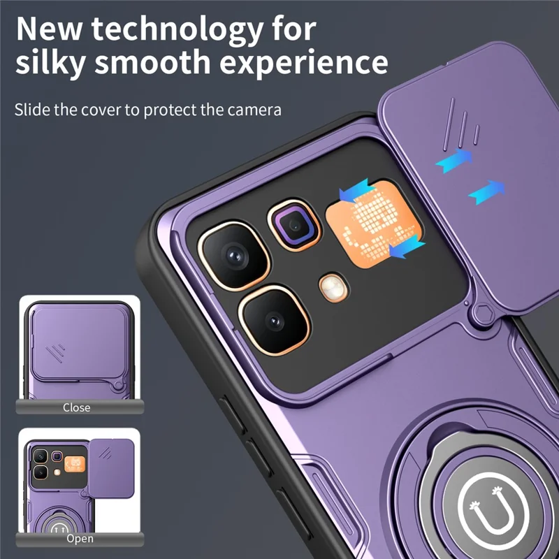 For Infinix Note 60 5G  /  60 Pro 5G Case with Slide Camera Cover Ring Kickstand PC + TPU Phone Shell - Purple