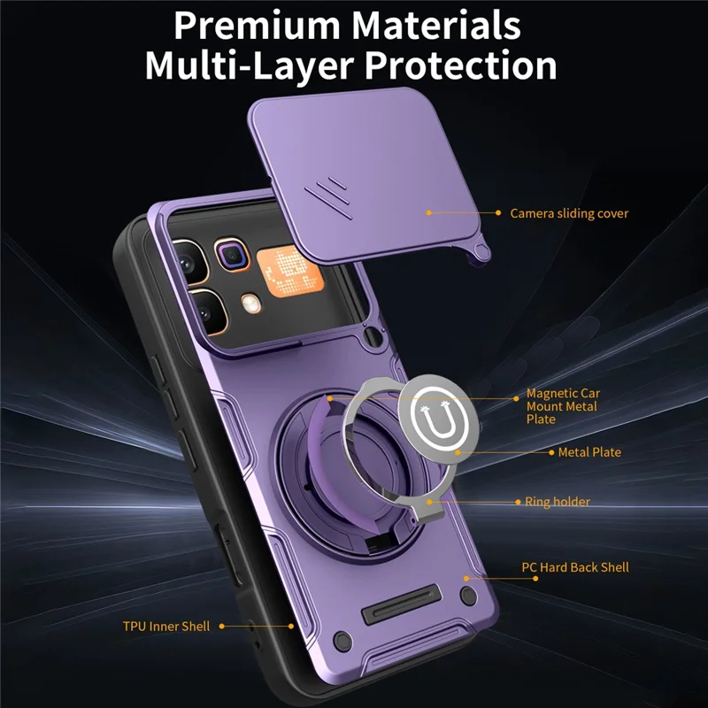 For Infinix Note 60 5G  /  60 Pro 5G Case with Slide Camera Cover Ring Kickstand PC + TPU Phone Shell - Purple